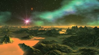 Uzaylı Gezegeni üzerinde iki yıldız. Yıldızlı gökyüzünde, nebulalar ve iki parlak yıldız (UFO). Ufukta, parlak sarı bir güneş. Koyu sarı sisin arasında karanlık kayalıklar var..