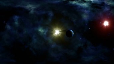 Derin Uzay Gezegeni. Karanlık gökyüzünde iki parlak yıldız vardır, mavi nebula. Mavi bir gezegen uçuyor ve derinlerden yaklaşıyor. Sarı yıldız yanıp sönüyor..