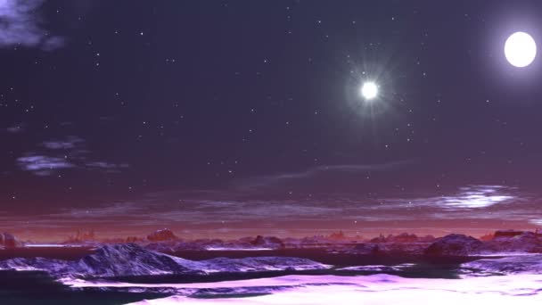 Сяючий Ландшафт Чужа Планета Яскраве Сонце Зорі Сяють Темному Небі — стокове відео