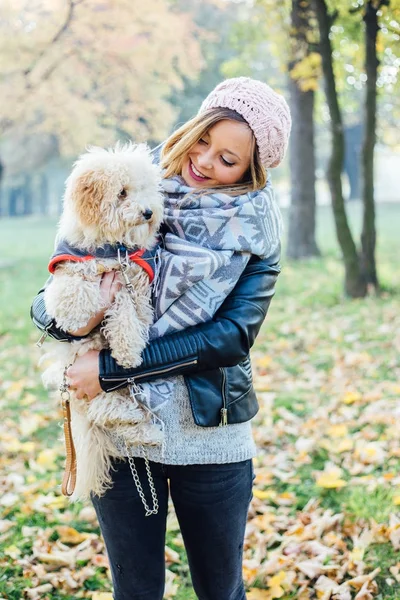 Autumn walk with cute dog in autumn park