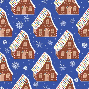 Elle çizilmiş sevimli zencefilli kurabiye evleri dikkat çekici mavi arka planda kar taneleriyle. 