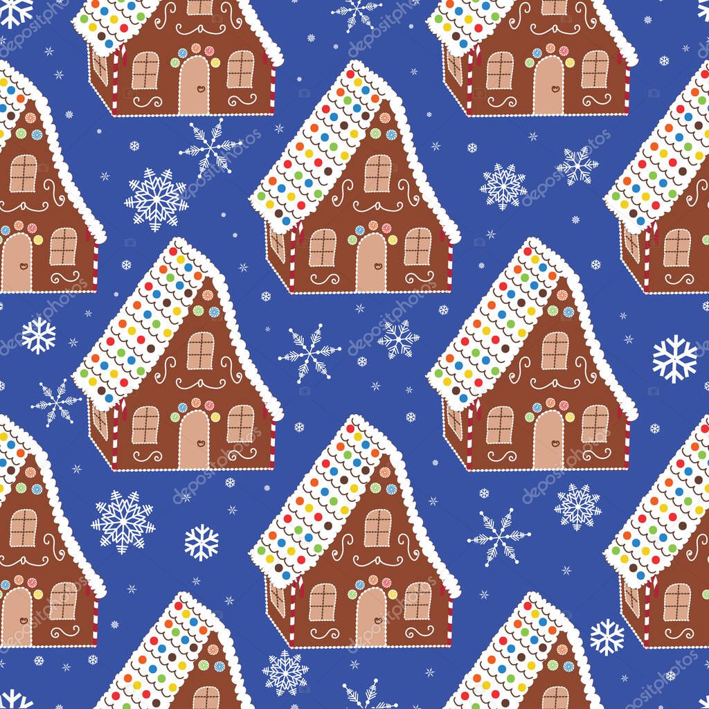 Hand drawn cute gingerbread houses on a striking blue background with snowflakes. 