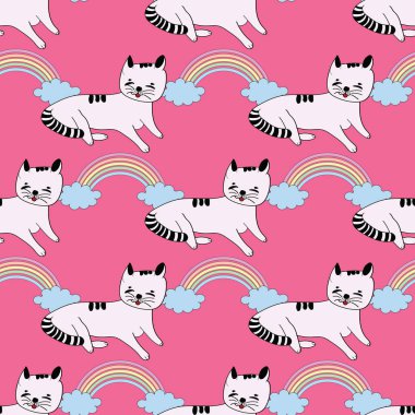 Yavru kediler ve pastel gökkuşaklarıyla şirin, pürüzsüz bir arkaplan. .