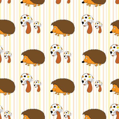 İnce çizgili arka planda kirpiler ve mantarlar olan şirin bir el çizimi orman manzarası.