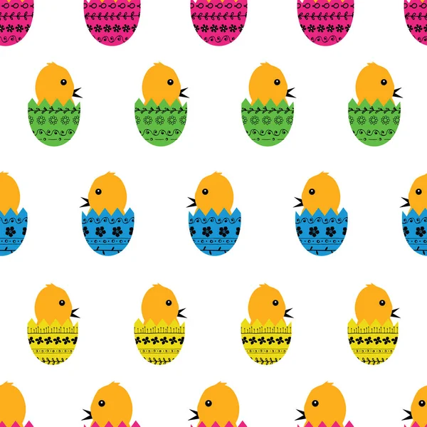 Mignon fond vectoriel sans couture de poulet dans des œufs décorés colorés . — Image vectorielle
