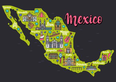 Meksika Haritasının vektör çizimi. Düz stil. Poster, kart, mıknatıs ve diğerleri için seyahat tasarımı