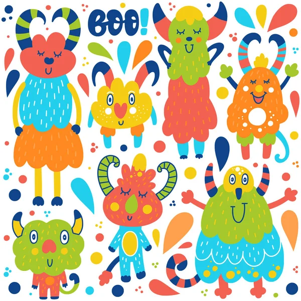 Vector Cartoon Set Cute Monsters Design Cards Clothes Other — Stock Vector