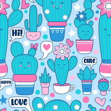 Şirin Cacti 'nin vektör karikatürü. Kartlar, elbiseler ve diğer şeyler için tasarım