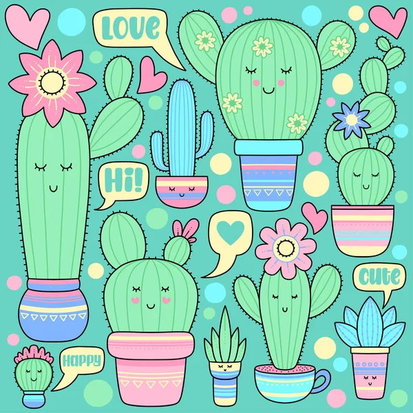 Ensemble Dessins Animés Vectoriels Cactus Mignons Conception Pour Cartes Vêtements — Image vectorielle