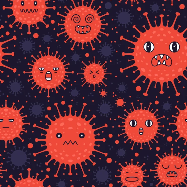 コロナウイルスの平らなパターン 細菌の描画 中国のウイルス Covid — ストックベクタ