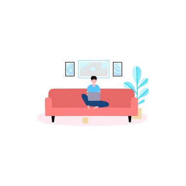 Genç adam evde dizüstü bilgisayarla çalışıyor. Freelancer kanepede çalışıyor. Düz bir şekilde vektör illüstrasyonu