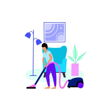 Genç adamlar evlerinde karantinada kaldılar. Adam evi temizliyor. Düz bir şekilde vektör illüstrasyonu