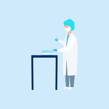 Coronavirus test tüplü doktor. Düz bir şekilde vektör illüstrasyonu
