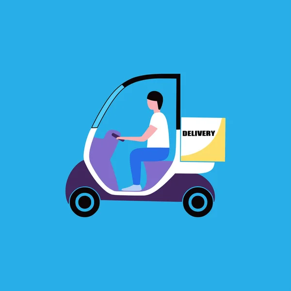 宅配便は パッケージを提供するためにスクーターに乗る 平面図のベクトル図 — ストックベクタ