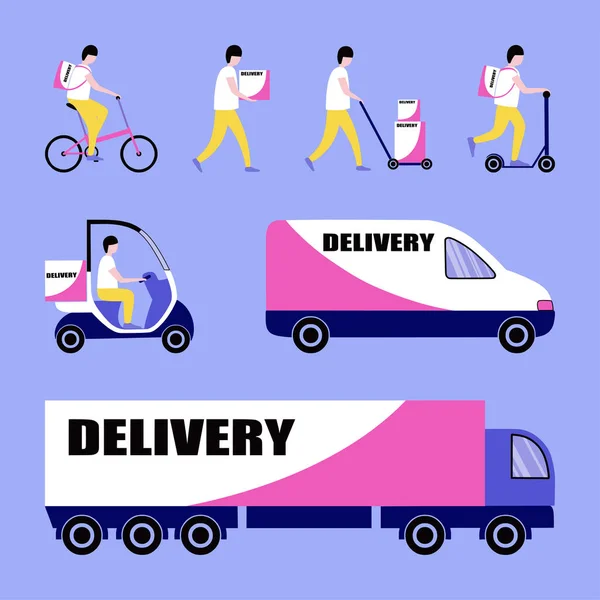 Collection Illustrations Theme Delivery Delivery Truck Car Scooter Bicycle Scooter — Stock Vector