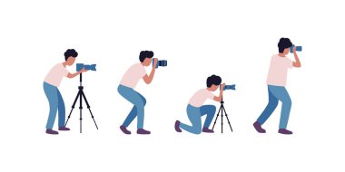 Fotoğraf makineli fotoğrafçıların tasviri. Renkli düz vektör çizimi.