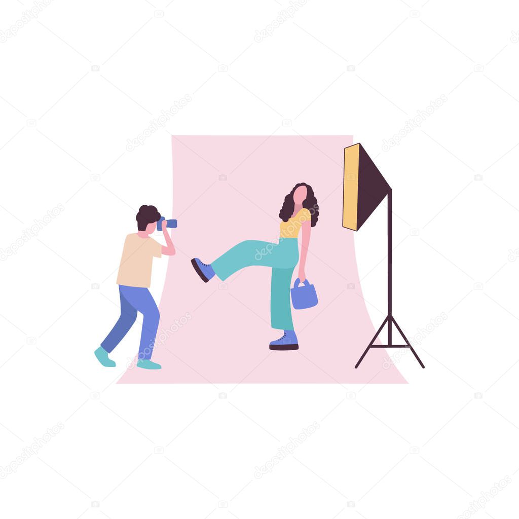Studio photo session. Photographer shoots model in fashionable clothes. Colorful flat vector drawing