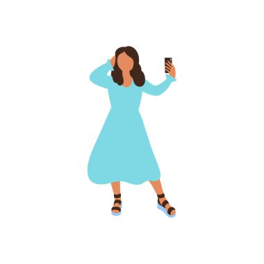 Telefonda selfie çeken bir kızın resmi. Moda kıyafetleri içinde kameraya poz veren bir kız. Renkli düz vektör çizimi.