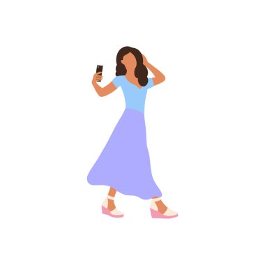 Telefonda selfie çeken bir kızın resmi. Moda kıyafetleri içinde kameraya poz veren bir kız. Renkli düz vektör çizimi.