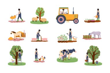 Çiftlik teması üzerine illüstrasyon koleksiyonu. Hasat ve sulama, hayvanları besleme, inek sağma, traktör üzerinde çalışma.