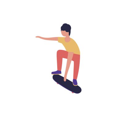 Kaykay yapan adamın tasviri arka planda izole edilmiş. Renkli düz vektör çizimi.