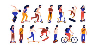 Bir grup insan bisiklet, scooter, kaykay, uçan kaykay, tek tekerlekli bisiklet, uzun tahta. Renkli düz vektör çizimi.
