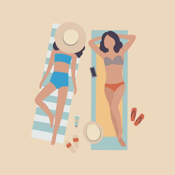 Illustration Von Frauen Strand Frauen Sonnen Sich Der Sonne Urlaub — Stockvektor