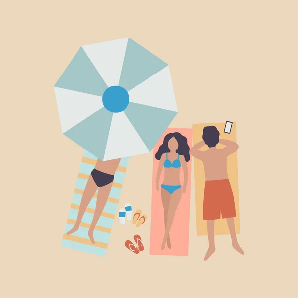 Illustrazione Donna Uomo Sulla Spiaggia Gente Prende Sole Sole Vacanze — Vettoriale Stock