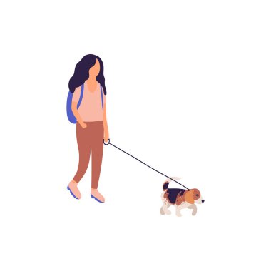 Köpeğiyle yürüyen genç bir kadının tasviri. Sokak tarzı