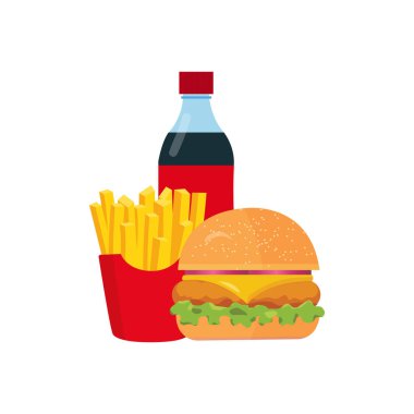 Beyaz arka planda izole edilmiş fast food yemekleri. Vektör illüstrati