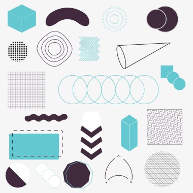 Bir dizi geometrik şekil. Memphis tasarımı, web, vintage, reklam, ticari afiş, poster, reklam panosu, satış için retro elementler. Koleksiyon trend yarım ton vektör geometrik şekilleri.