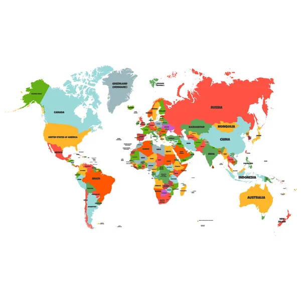 Πολύχρωμο Γεια Λεπτομερή Διανυσματικός Παγκόσμιος Χάρτης Πλήρης Όλα Ονόματα Των — Διανυσματικό Αρχείο