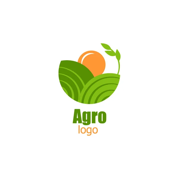 Logo Agro Pour Nourriture Végétalienne Entreprise Champs Verts Soleil Orange — Image vectorielle