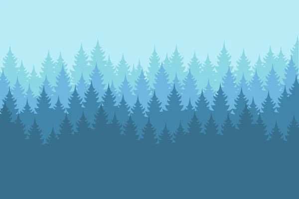 針葉樹の詳細な青のシルエットとベクトル霧の森の風景 シームレスなパターン — ストックベクタ