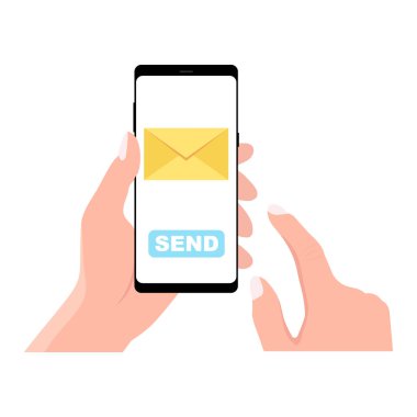 Mesaj zarfı ile el ele tutuşan telefon. Parmak dokunuşu ekranı. Mesaj konsepti gönderiliyor. Web siteleri ve pankartlar için vektör düz çizim çizimi.