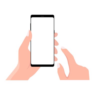 Siyah akıllı telefonu tutan, boş beyaz ekrana dokunan. Cep telefonu, düz tasarım konsepti kullanmak. Eps 10 vektör illüstrasyonu