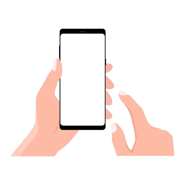 Рука Тримає Чорний Смартфон Торкаючись Порожнього Білого Екрану Використовуючи Мобільний — стоковий вектор