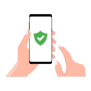 Green Shield akıllı telefon ekranında. Eller akıllı telefonu tutar ve parmaklar ekrana dokunur. Modern Düz Tasarım Çizimi.