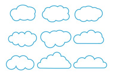 Çizgi film düz bulut simgesi koleksiyonu. Hava tahmini logo sembolü. Vektör çizimi. Beyaz arkaplanda izole. 