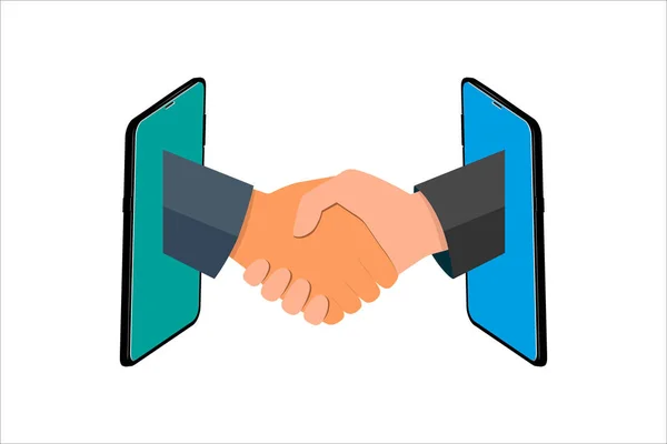 Business handshake vetor ilustração estilo plano. Comunicação Online, dois homens de negócios aperto de mão no celular, Empresários apertando as mãos através da exibição de um telefone . —  Vetores de Stock