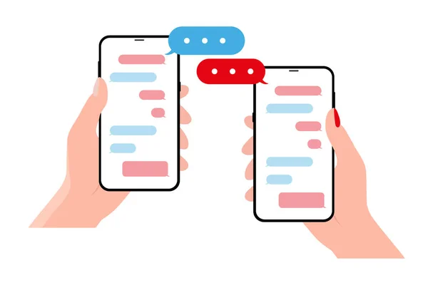Χέρια Τρύπα Smartphone Φούσκα Ομιλία Χρήση Έξυπνου Τηλεφώνου Για Μηνύματα — Διανυσματικό Αρχείο