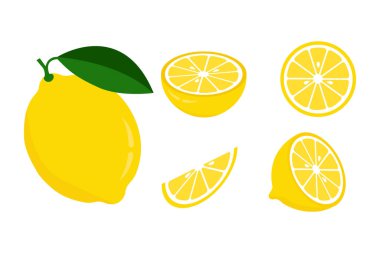 Simge seti limon, beyaz arkaplanda vektör çizimi. Bütün meyveyi kesip parçalara ayırdım. turunçgil.