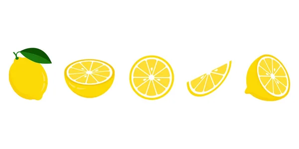 Simge Seti Limon Beyaz Arkaplanda Vektör Çizimi Bütün Meyveyi Kesip — Stok Vektör