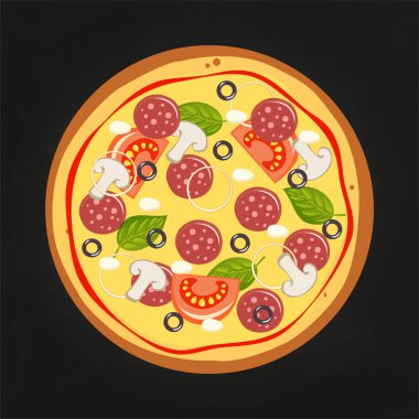 Domates, peynir, zeytin, sosis, soğan ve fesleğenli taze pizza. Geleneksel İtalyan fast food. Manzaralı yemek. Avrupa atıştırması.