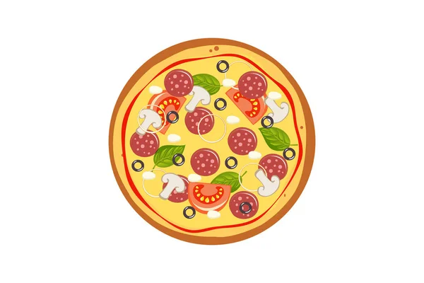 Pizza fraîche avec tomate, fromage, olive, saucisse, oignon, basilic. Restauration rapide italienne traditionnelle. Repas vue de dessus. Collation européenne . — Image vectorielle