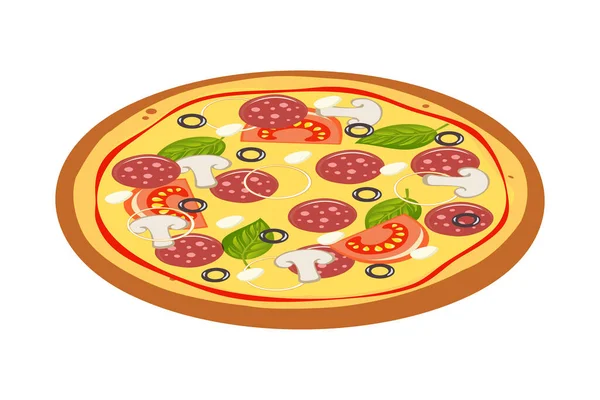 Verse pizza met tomaat, kaas, olijf, worst, ui, basilicum. Traditioneel Italiaans fastfood. Top uitzicht maaltijd. Europese snack. — Stockvector