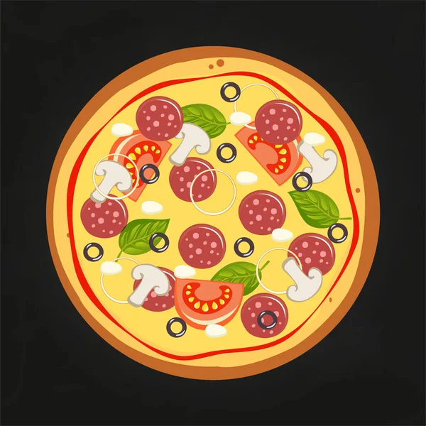 Verse pizza met tomaat, kaas, olijf, worst, ui, basilicum. Traditioneel Italiaans fastfood. Top uitzicht maaltijd. Europese snack. — Stockvector