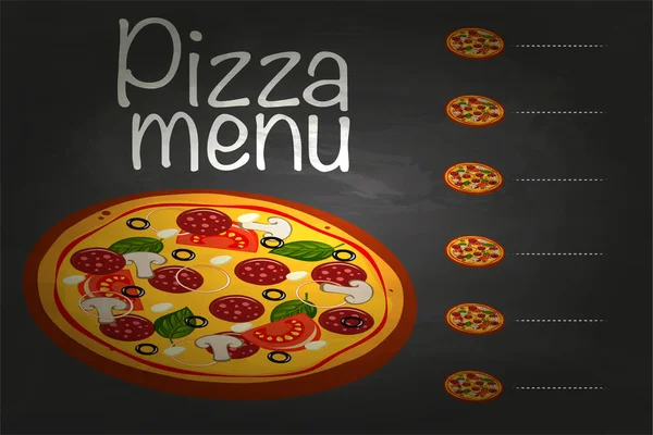 Menu pizza tableau noir fond de bande dessinée avec des ingrédients frais illustration vectorielle — Image vectorielle