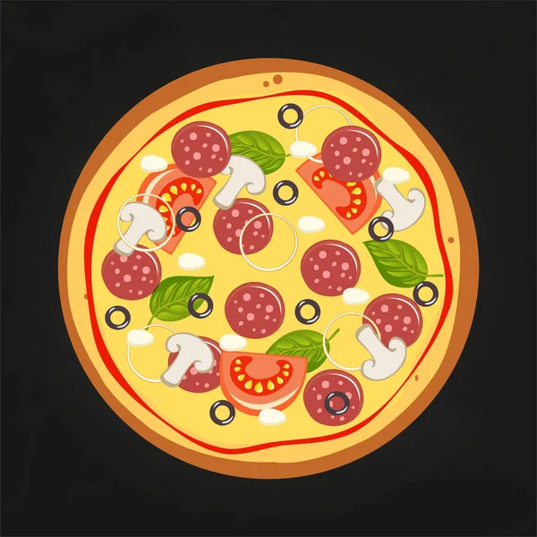 Pizza fraîche avec tomate, fromage, olive, saucisse, oignon, basilic. Restauration rapide italienne traditionnelle. Repas vue de dessus. Collation européenne . — Image vectorielle