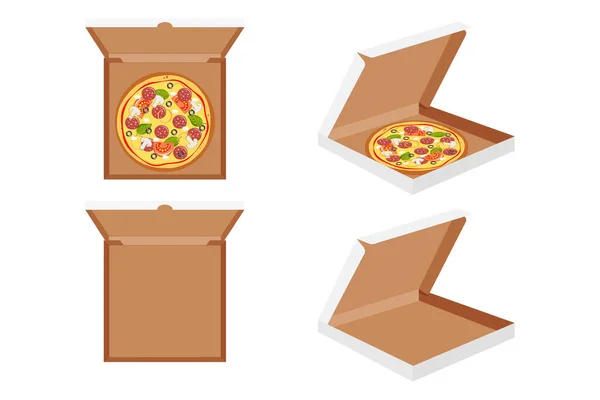 De hele pizza in de geopende en gesloten kartonnen doos. — Stockvector